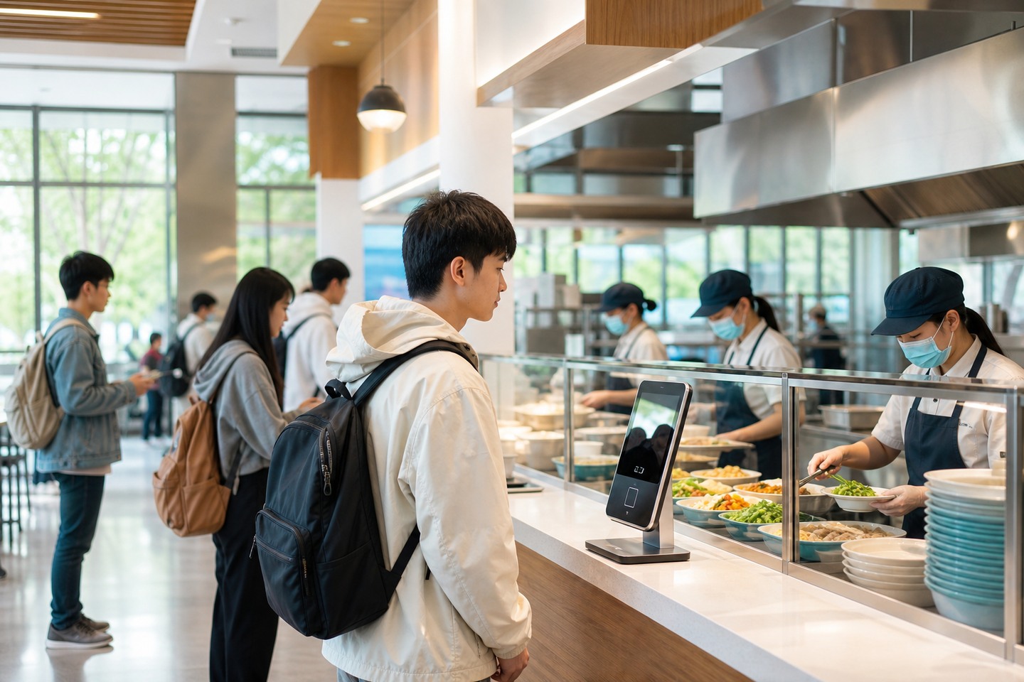 学生在智慧食堂使用刷脸支付终端结算
