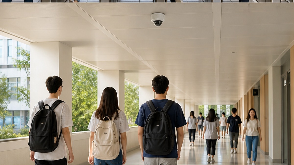 学生在校园走廊自然通行并完成无感考勤